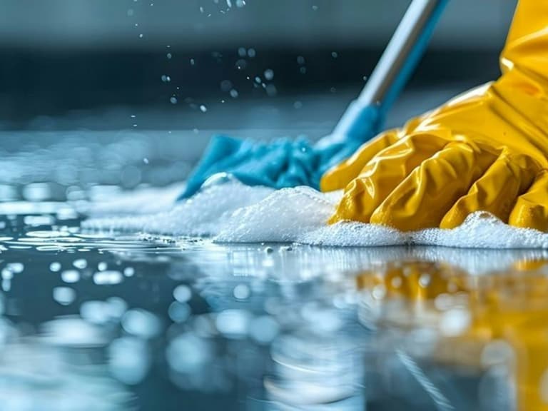 Hände in Schutzhandschuhen schrubben einen nassen Boden